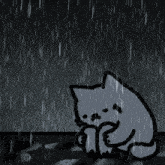 a drawing of a cat in the rain with a black background