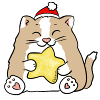 a cartoon cat wearing a santa hat holds a star