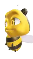 a yellow and black bee with big eyes is flying