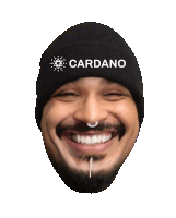 a man with a beard wears a black beanie that says cardano on it