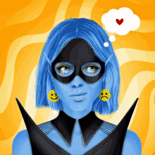 a woman with blue hair and a black mask has a thought bubble with a heart above her head