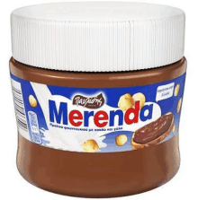 a jar of merenda chocolate spread with nuts on a bread .