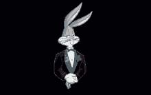 bugs bunny wearing a tuxedo with a red flower in his pocket