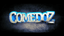 the word comedoz is on a blue and silver background