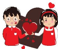 a boy and a girl are holding a red heart in front of a heart