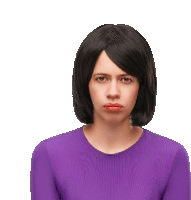 a woman wearing a black wig and a purple shirt looks sad