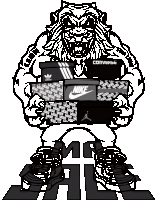 a black and white drawing of a lion holding a stack of shoes including nike and converse