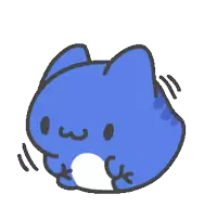 a cartoon drawing of a blue cat with a white circle on its chest