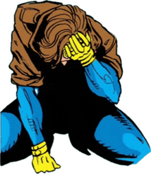 a comic book character is kneeling down with his hands on his face