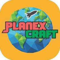 a logo for planex craft shows a rocket flying over a globe