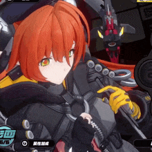 a girl with red hair and yellow gloves is holding a gun in a game