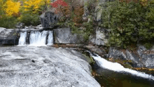 a waterfall is surrounded by trees and rocks in a forest .