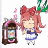 a little girl is standing next to a jukebox