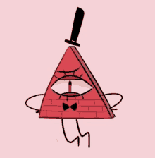 a cartoon drawing of a red pyramid with a black top hat and bow tie