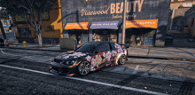 a car is parked in front of a store called vuewood beauty salon