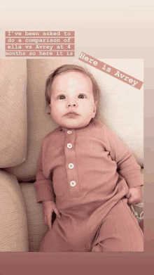 a baby in a pink outfit is sitting on a couch with a caption that says here is avrey