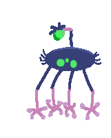 a cartoon drawing of a spider with a green head and pink legs