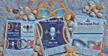 a painting of the expat pod with a microphone and sunglasses