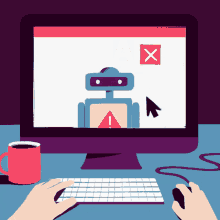a computer monitor shows a robot with an exclamation point and an x