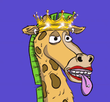 a cartoon giraffe wearing a crown and earrings sticking out its tongue