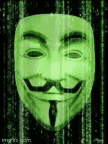 a green anonymous mask with a mustache is against a matrix background