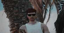 a man wearing sunglasses and a tank top stands in front of a palm tree