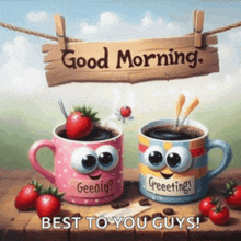 two cups of coffee with googly eyes are sitting on a table with strawberries and a sign that says good morning best to you guys