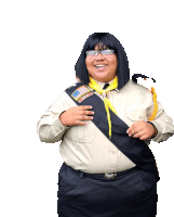 a girl in a boy scout uniform has a yellow sash around her shoulder with the word eagle on it