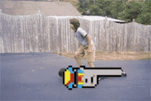 a pixelated image of a person riding a skateboard with a gun on the ground