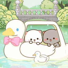 a cartoon drawing of three cats in a swan boat