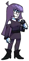 a cartoon girl with purple hair is holding a microphone in her hand .
