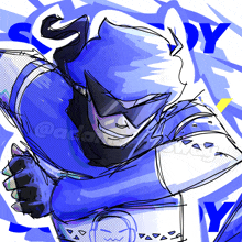 a blue and white drawing of a superhero with the word spy behind him