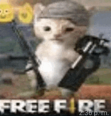 a white cat is holding a gun in a free fire video game .