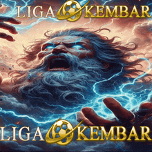 a painting of a bearded man with lightning and the words liga & kembar below him