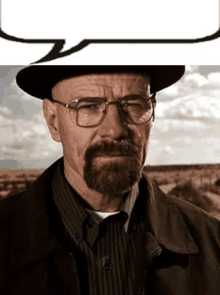 a man with glasses and a hat has a speech bubble above him