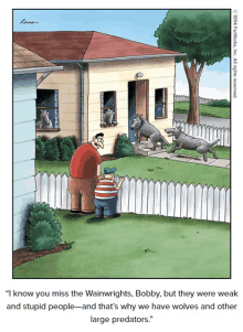 a cartoon by larry larson shows a man and a boy looking over a fence