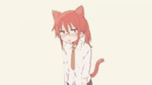 a girl with red hair and cat ears is wearing a white shirt and a tie .