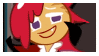 a cookie run character with red hair and purple eyes is smiling and looking at the camera .