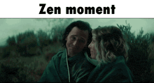 a man and a woman are wrapped in a blanket and the words zen moment are above them