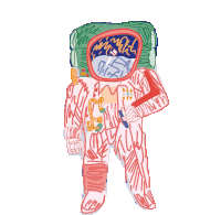 a colorful drawing of an astronaut with a green helmet and a backpack