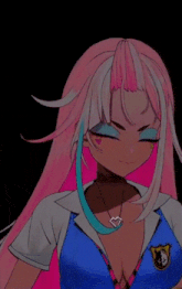 a drawing of a girl with pink and white hair and a blue shirt