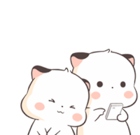 two cartoon cats are standing next to each other and one of them is holding a cell phone .