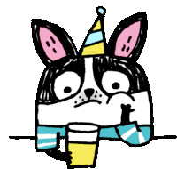 a drawing of a dog wearing a party hat holding a cup