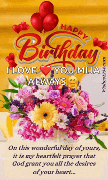 a birthday card with flowers and balloons that says i love you mija always