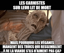 a meme of a zombie laying on a bed with a french caption .