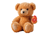 a brown teddy bear is holding an easter egg in its paw