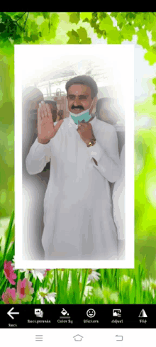 a man with a mustache wearing a face mask stands in front of a green background