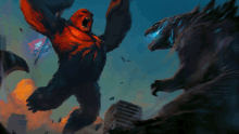 a painting of a gorilla and a giant monster