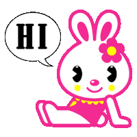 a pink bunny with a flower on her head says hi in a speech bubble