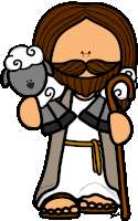 a cartoon drawing of jesus holding a sheep and a cane by d. scott